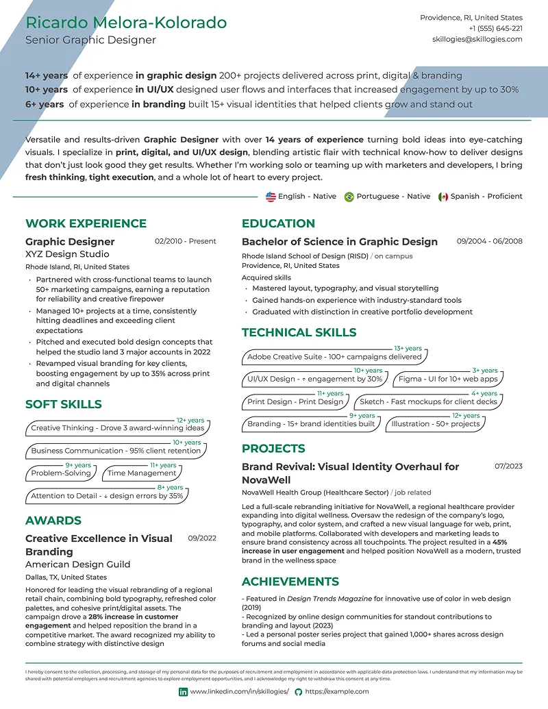 Resume template separating soft skills and hard skills