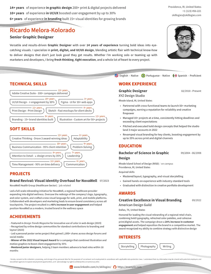 Resume template with dedicated sections for languages and certifications