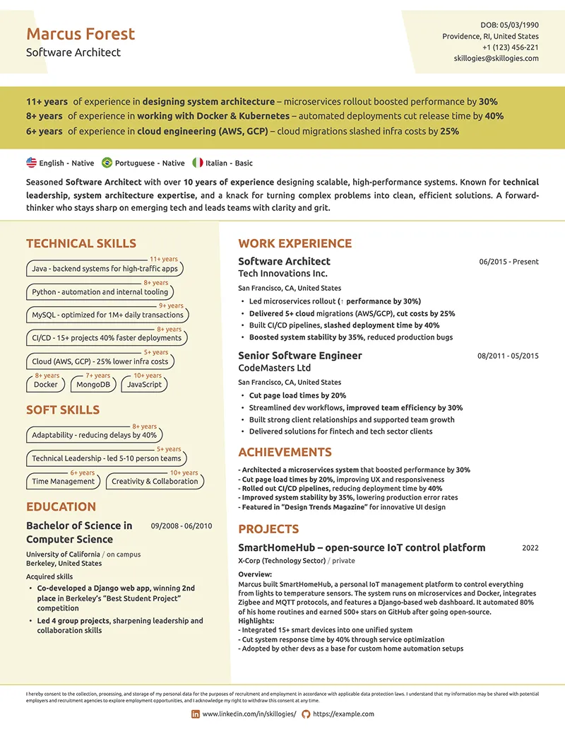 Resume template showcasing achievements and projects