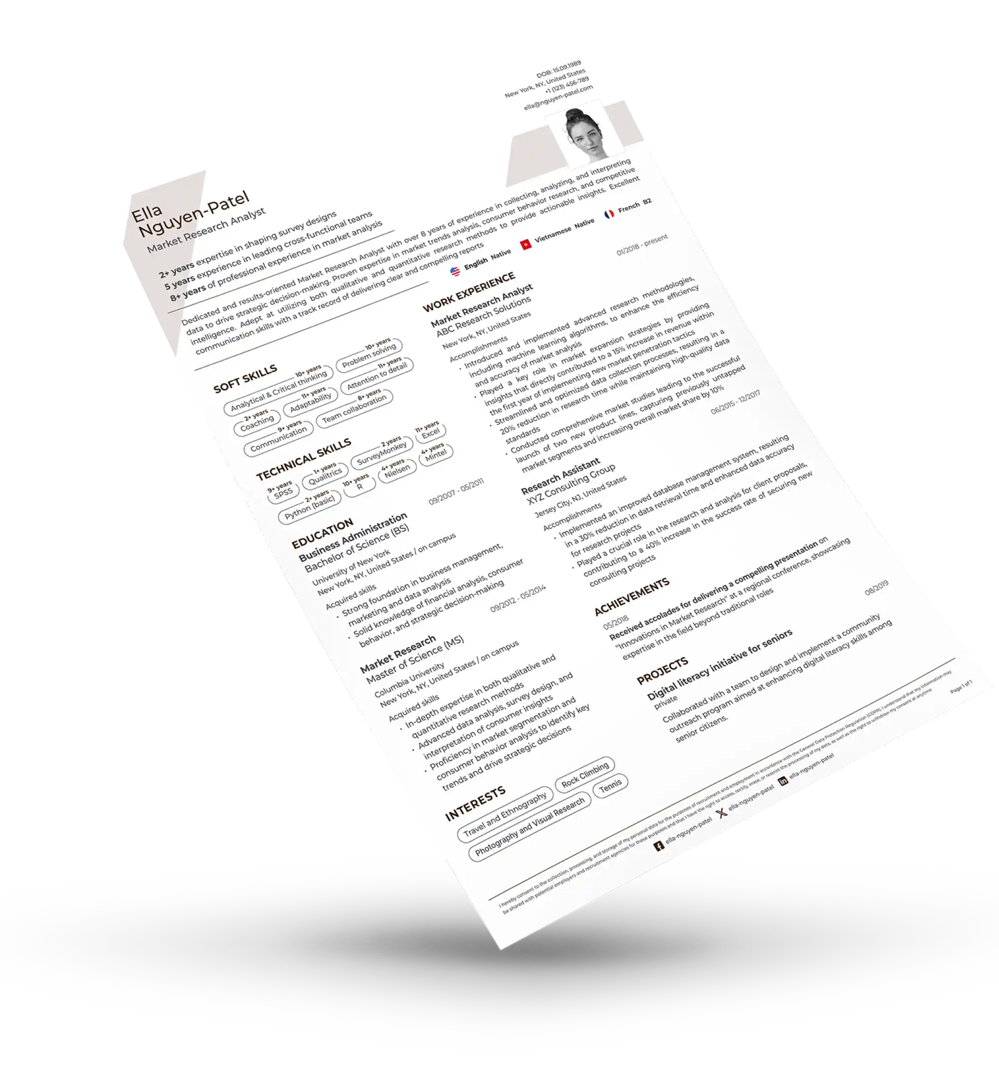 Professional market research analyst resume sample with 6+ years experience, featuring SPSS, SQL, Tableau, Python, survey design, data visualization, and clean layout with soft skills and project highlights.