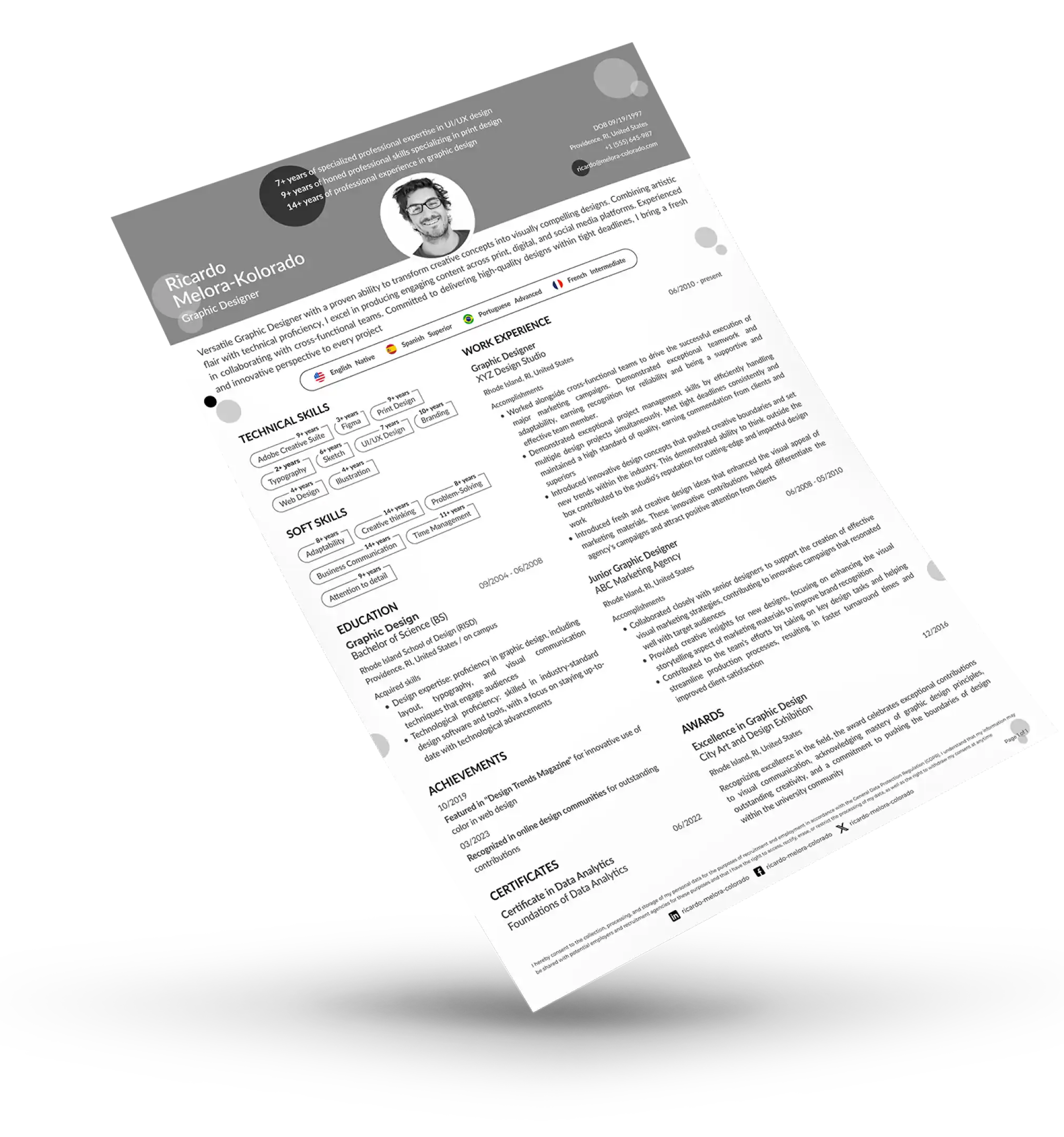 Creative graphic designer resume example with 14+ years experience in USA and UAE, showcasing Adobe Creative Suite skills, branding, UX/UI design, multilingual proficiency, and modern resume layout with profile photo and icons.