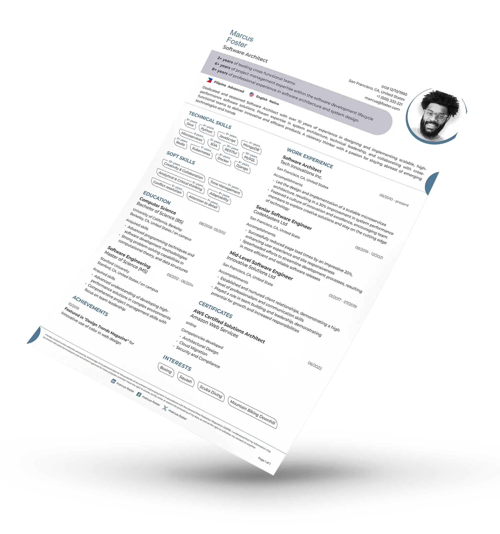 Modern software architect resume template with 10+ years experience, highlighting Java, Python, AWS, Docker, microservices, cloud architecture, and leadership skills in a clean, structured format.
